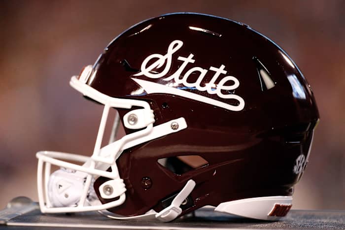 Bulldogs helmet sits on the sidelines during the first half against the Mississippi Rebels at Davis Wade Stadium at Scott Field.